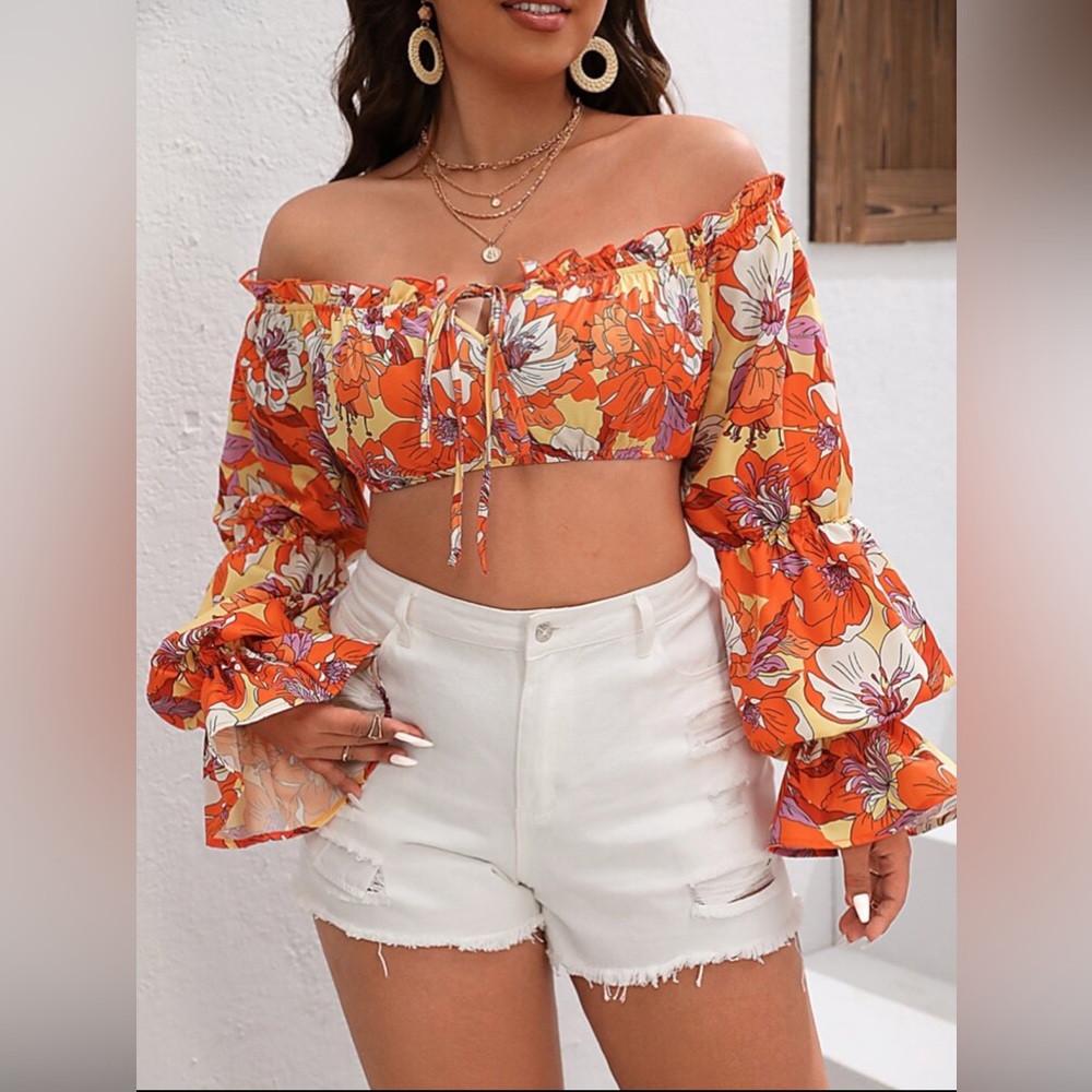 Plus Size 16 Floral vintage Print Off the Shoulder Flounce bell Sleeve  Crop Top